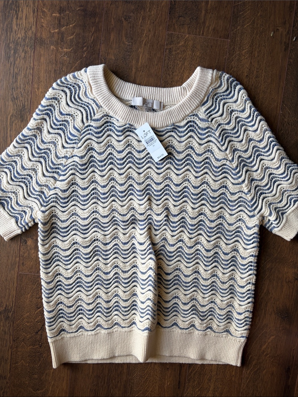 LOFT Cream and Navy Wavy Knit Short-Sleeve Sweater